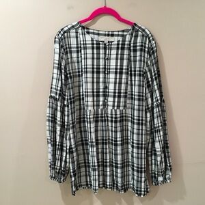 Loft Women M Babydoll Top Black Ivory Plaid Puff Sleeve Classic Preppy Western